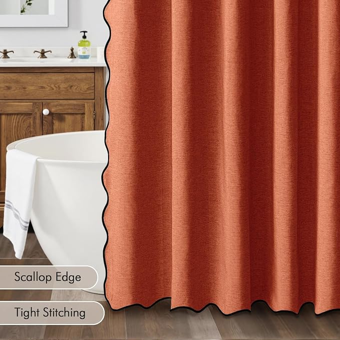 MIULEE Burnt Orange Scalloped Linen Shower Curtain 72x72 Inches | Linen Textured, Waterproof, Washable, 12 Metal Hooks, Heavy Duty Cloth, Black Border, Shower Curtain for Bathroom Bathtub