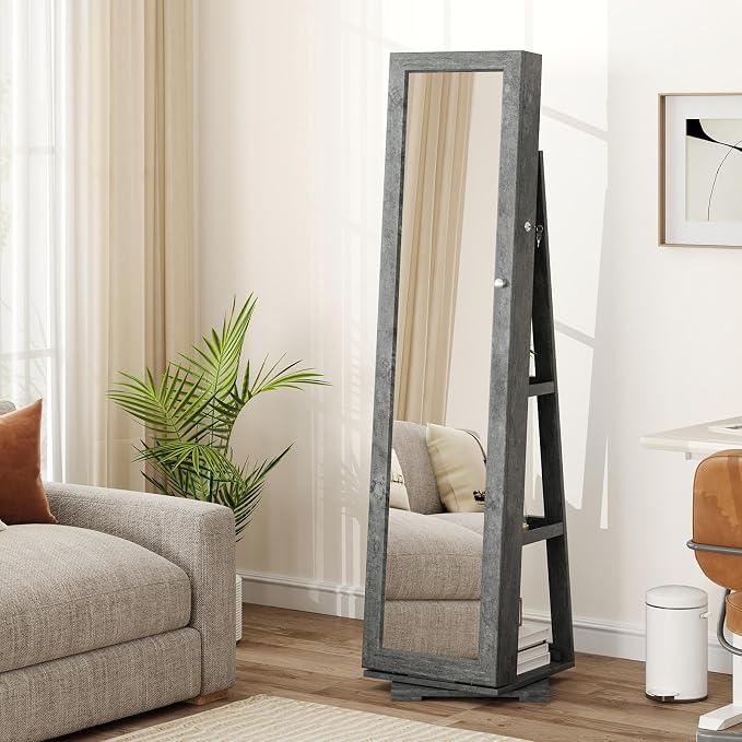 GOFLAME 360° Rotating Jewelry Armoire, Lockable Jewelry Cabinet with Full-Length Mirror & Inner Makeup Mirror, Standing Jewelry Storage Organizer with Rear Storage Shelves, Stone Gray