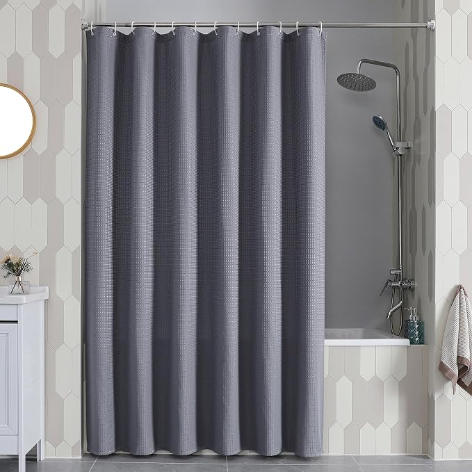 Extra Long Shower Curtain Set - 84 Inch Long Waffle Weave Heavy Duty Cloth Shower Curtain for Bathroom, Luxury Weighted 230GSM Bath Curtain Set with 12 Plastic Hooks, 72x84, Grey