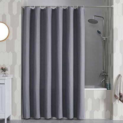 OVZME Extra Long Shower Curtain Set - 84 Inch Long Waffle Weave Heavy Duty Cloth Shower Curtain for Bathroom, Luxury Weighted 230GSM Bath Curtain Set with 12 Plastic Hooks, 72x84, Grey