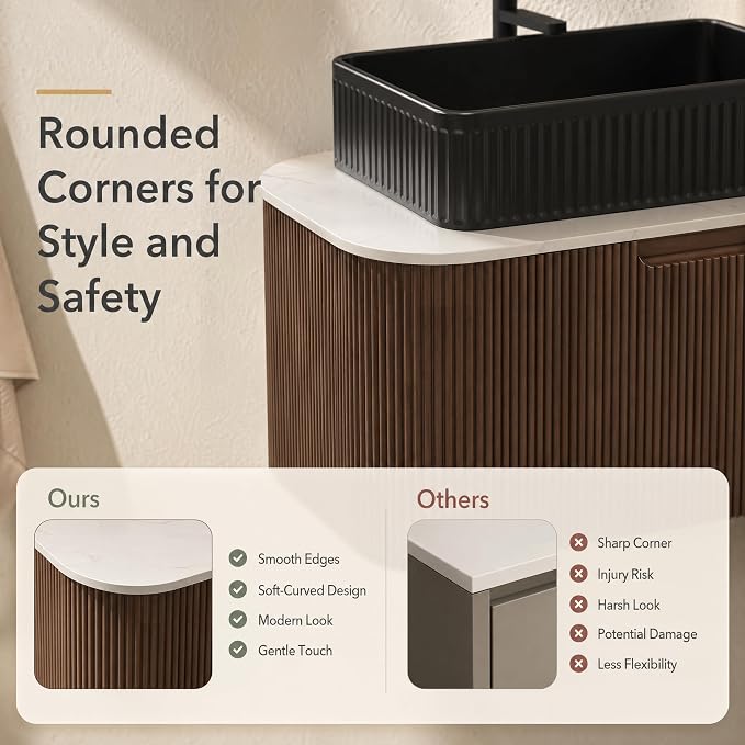 36 Inch Bathroom Vanity with Sink, Floating Wall Mounted Single Sink Vanity, Dark Walnut Curved Fluted Front, Stone Top, Black Textured Rectangular Vessel Basin, Pre-Assembled