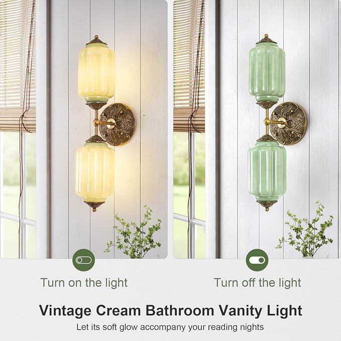 Vintage Milk Glass Bathroom Vanity Light, 2-Light Vintage Wall Sconce with Antique Brass Finish Base & Green Glass Shad, Wall Sconce Lighting for Mirror, Living Room, Gallery (Bulbs Included)