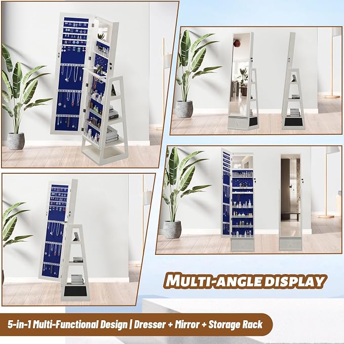 Jewelry Armoire with Full Length Mirror - 360° Swivel Standing Floor Mirror Jewelry Cabinet, Lockable Storage Organizer, 3 Shelves & Drawers,Tall Mirror with Storage for Women (White)