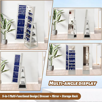 Jewelry Armoire with Full Length Mirror - 360° Swivel Standing Floor Mirror Jewelry Cabinet, Lockable Storage Organizer, 3 Shelves & Drawers,Tall Mirror with Storage for Women (White)