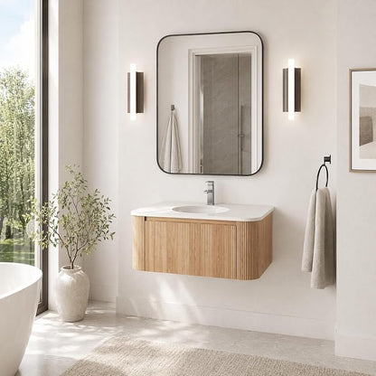 36 Inch Wall Mounted Bathroom Vanity with Ceramic Sink, Pre-Assembled Floating Vanity Cabinet with Marble Countertop, Wave Texture Finish & Drawer, Wood