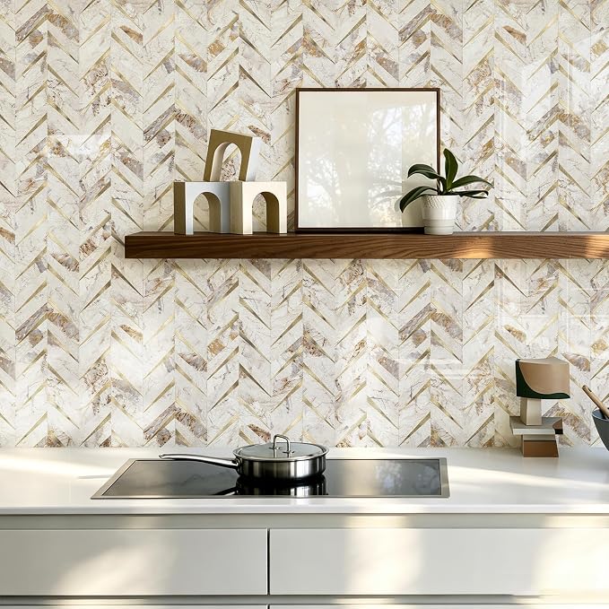 STICKGOO Herringbone Tile Peel and Stick Backsplash for Kitchen&Bathroom | 10-Sheet Self Adhesive Wall Tiles, Polished Pandora Marble Mixed Metal Gold PVC Stick on Backsplash Tile for Kitchen