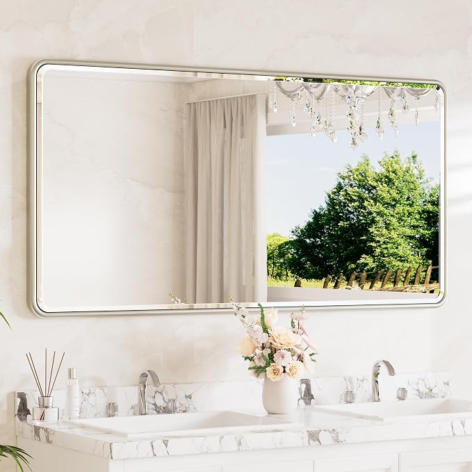 Brushed Nickel Vanity Mirror for Bathroom 60 x 30 Beveled Edge Tempered Glass, Rounded Corner Rectangle Wall Mirror for Modern Bathroom, Living Room, Bedroom, Entryway