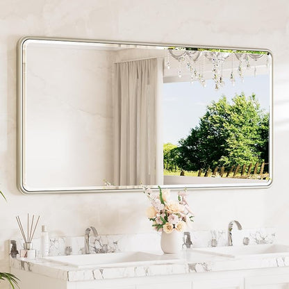 Brushed Nickel Vanity Mirror for Bathroom 60 x 30 Beveled Edge Tempered Glass, Rounded Corner Rectangle Wall Mirror for Modern Bathroom, Living Room, Bedroom, Entryway