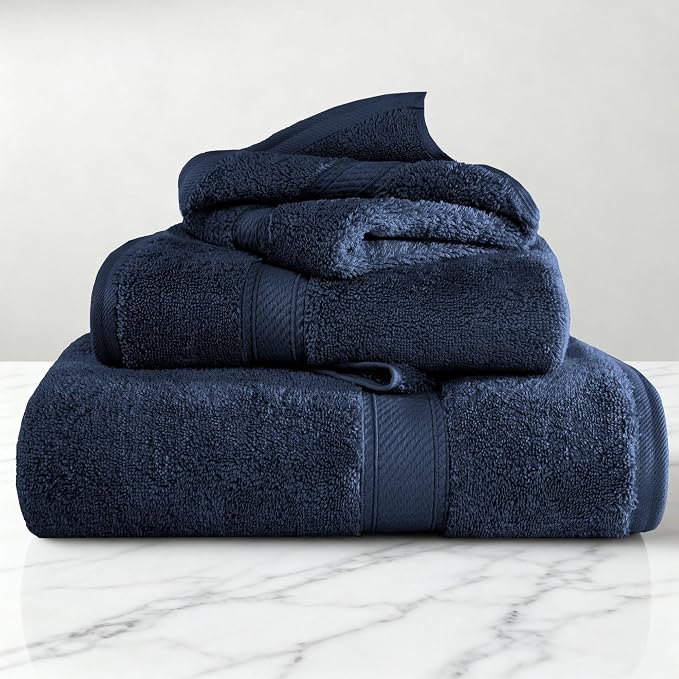 SUPERIOR Egyptian Cotton Ultra Plush & Absorbent, 3 Piece Set, Navy Blue | Quick Dry, Soft Luxury Towel Set, Bath Essentials, Guest Bath, Spa, 1 Bath, 1 Hand, 1 Face Towels, Madeline Towels