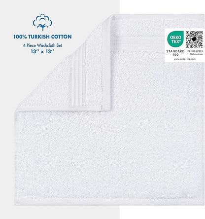 Cotton Paradise 100% Cotton Turkish Washcloth Set for Bathroom, 4 Piece Soft Absorbent Small Towels Wash Rags, White
