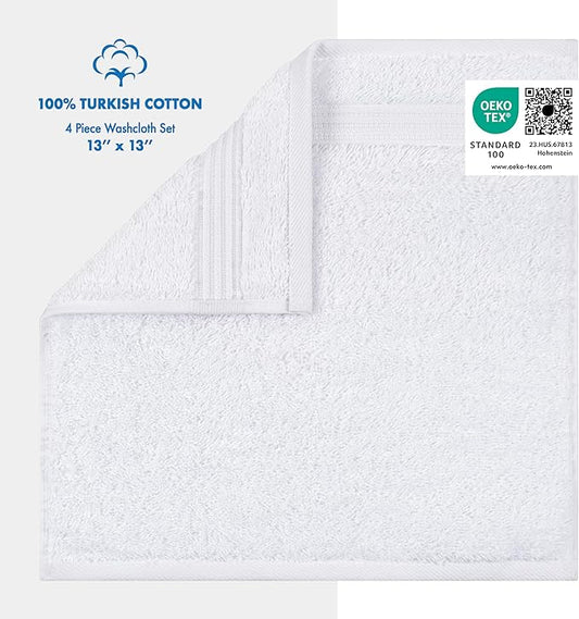 Cotton Paradise 100% Cotton Turkish Washcloth Set for Bathroom, 4 Piece Soft Absorbent Small Towels Wash Rags, White