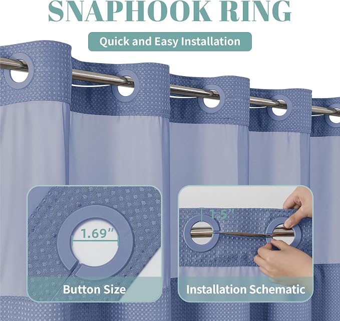 No Hook Waffle Shower Curtain with Snap-in Liner, 71x80 Inch,Moonlight Blue | 230 GSM waffle weave fabric, waterproof liner set with 2 bottom magnets, mesh top window, washable, for bathroom or hotel use