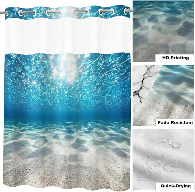 Modern Ocean Luxury No Hook Shower Curtain Nautical Tropical Aesthetic | Funky No Hook Shower Curtain with Snap in Liner, Waterproof Ringless Shower Curtains for Bathroom 72x74 Inch Blue