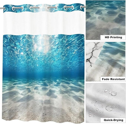 Modern Ocean Luxury No Hook Shower Curtain Nautical Tropical Aesthetic | Funky No Hook Shower Curtain with Snap in Liner, Waterproof Ringless Shower Curtains for Bathroom 72x74 Inch Blue