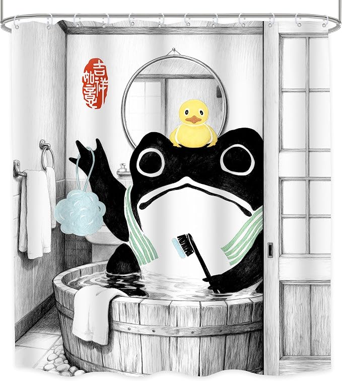 Funny Frog Traditional Asian Japanese Rubber Bathroom Shower Curtain Set | 71Wx71H Duck Wooden waterproof HD print, quick-dry fabric, and 12 hooks for easy setup