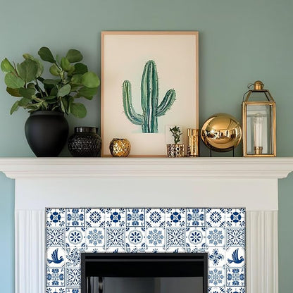 CHGCRAFT 36pcs 9 Styles Mexican Ceramics Blue Tile Stickers Waterproof Tile Stickers Square with Flower Pattern for Kitchen Bathroom Bedroom Wall Floor Decoration, Dodger Blue, 4×4inch