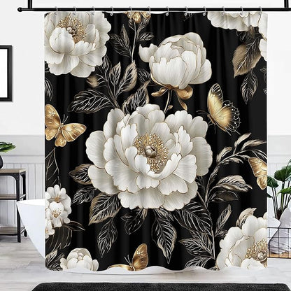 Black and Gold Boho Floral Shower Curtain, Vintage Unique Dark Flowers Botanical Aesthetic Decorative Shower Curtain, Pretty Gold Boho Farmhouse Fabric Curtain Bathroom Accessories with Hooks 72"x72"