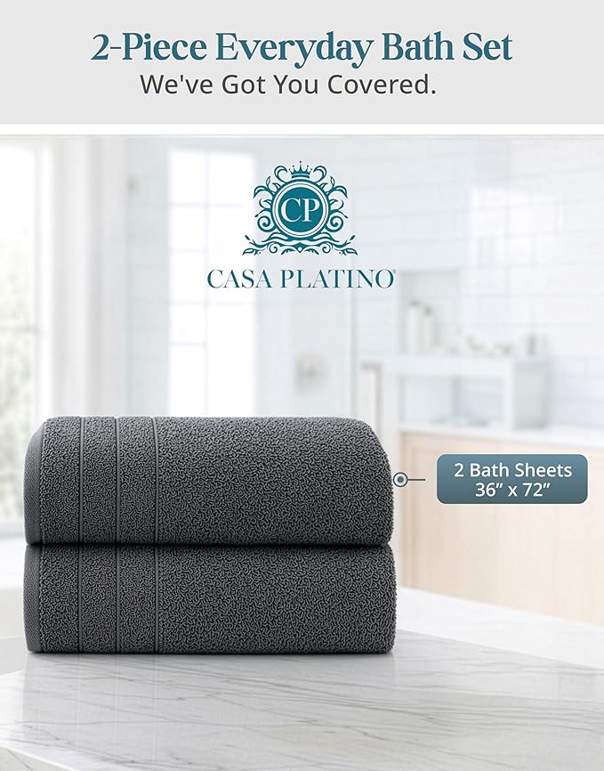 Casa Platino 100% Cotton Bath Sheets Set of 2 (36"x72") - Ring Spun Cotton Extra Large Bath Towels Sets - Quick Dry, Soft & Absorbent Oversized Grey Towels Set - Minimal Lint & Fading - Ultimate Grey