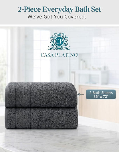 Casa Platino 100% Cotton Bath Sheets Set of 2 (36"x72") - Ring Spun Cotton Extra Large Bath Towels Sets - Quick Dry, Soft & Absorbent Oversized Grey Towels Set - Minimal Lint & Fading - Ultimate Grey
