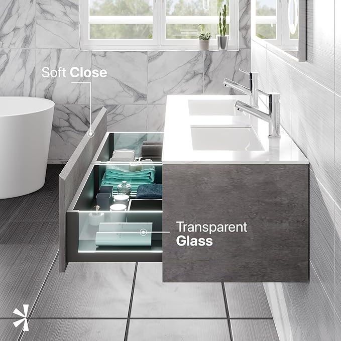 Eviva Aurora 48 in. Concrete Gray Wall Mount Double Sink Bath Vanity with Carrara Quartz Top