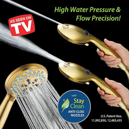 AquaCare New 8-mode High Pressure Handheld Shower Head w/ 2-way Power Wash | Stay Clean Nozzles, Dual Power Wash for Tub, Tile & Pets, Long 6 ft. Stainless Steel Hose, Wall & Overhead Brackets / Gold