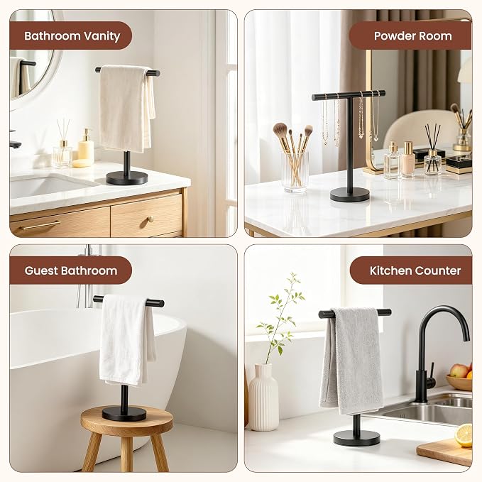 Hand Towel Holder Stand, Freestanding Bathroom Towel Rack, Black | Weighted Stainless Steel Base Helps Prevent Tipping While The Open T-Shape Keeps Towels Dry on Bathroom Countertops