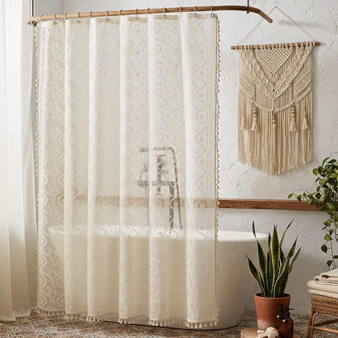 WAZZIO Vintage Lace Shower Curtain for Bathroom 72" W x 84" L, Victorian Farmhouse Floral Pattern Tassel Fancy Shower Curtain Boho Washable Cloth Decorative Bath Curtains,1 Panel
