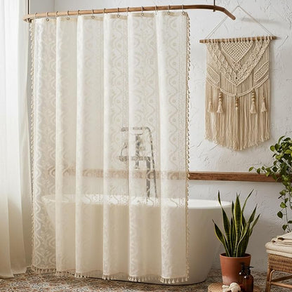 WAZZIO Vintage Lace Shower Curtain for Bathroom 72" W x 84" L, Victorian Farmhouse Floral Pattern Tassel Fancy Shower Curtain Boho Washable Cloth Decorative Bath Curtains,1 Panel