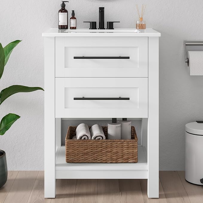 LIKIMIO 24" Bathroom Vanity with Sink, 2 Drawers & Open Shelf, White | Freestanding Bathroom Vanity, Integrated Ceramic Sink, U-Shaped Drawers, Modern Bathroom Storage Cabinet, Easy Assembly