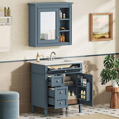 Merax 30 Inch Bathroom Vanity with Sink Set, Modern Bathroom Vanity Storage Cabinet with Matching Mirror Medicine Cabinet, Solid Wood Frame，Painted Finish, 2 Drawers and 1 Tip-Out Drawer, Indigo