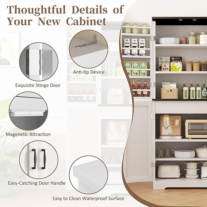 Shintenchi Kitchen Pantry Cabinet, Farmhouse Tall Cupboard Storage, White | Freestanding, with 8 Door Shelves, 2 Cabinets and 1 Drawer, for Kitchen, Living Room, Dining Room and Bathroom
