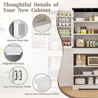 Shintenchi Kitchen Pantry Cabinet, Farmhouse Tall Cupboard Storage, White | Freestanding, with 8 Door Shelves, 2 Cabinets and 1 Drawer, for Kitchen, Living Room, Dining Room and Bathroom