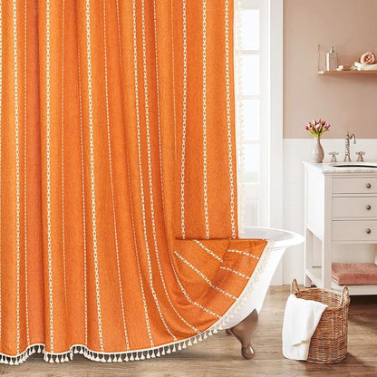 Farmhouse Tassel Linen Shower Curtain,3D Embroidery Stripe Orange,72x96 | Extra Long Xl,310GSM Boho Heavy Duty Cloth,Water Repellent,Wrinkle Resistant,Vintage Farmhouse Rustic,12 Plastic Hooks