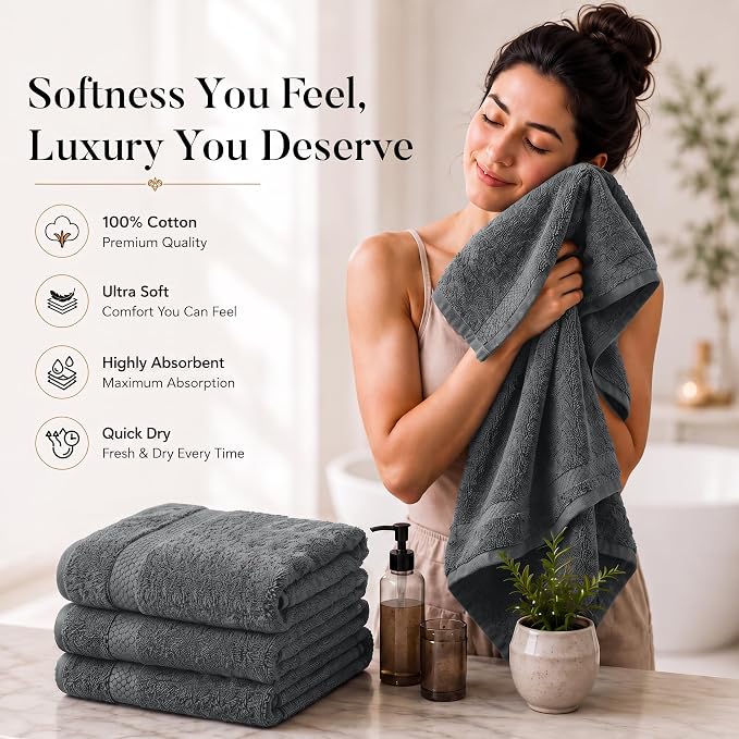 DAN RIVER 600 GSM Cotton Large Bath Towels Set of 4, 27 x 54 Inches, Gray | Larger & Lighter Weight Towels for Bathroom - Highly Absorbent & Quick Dry 100% Cotton Bath Towel Set for Home, Spa & Hotel