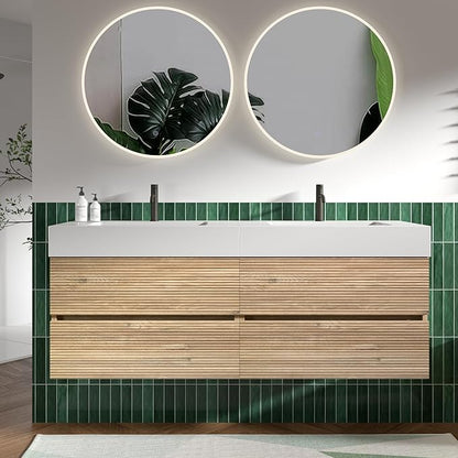 60" Floating Bathroom Vanity with Sink Combo, Modern Floating Double Sink Bathroom Vanity with Engineered Stone Tops & 4 Soft-Closing Drawers, Large Storage for Powder Room, Apartment, Rough Oak