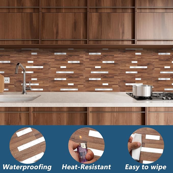 Yipscazo 2 Sheets PVC Wall Tiles Stick on Tiles for Backsplash Kitchen, Bathroom, Laundry Room, Camper, Fireplace (6'' X 12'', Brown Wood)