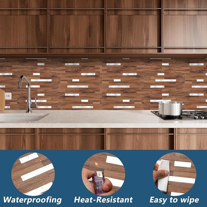 Yipscazo 10 Sheets PVC Wall Tiles Stick on Tiles for Backsplash Kitchen, Bathroom, Laundry Room, Camper, Fireplace (6'' X 12'', Brown Wood)