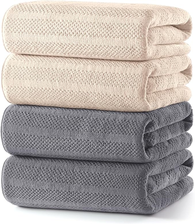 ecolook Microfiber Bath Towels Set of 4, 31 x 63 Inch Extra Large Bath Towel Set, Super Soft & Highly Absorbent, Quick Dry Lightweight Towels for Bathroom, Gym, Spa, Pool & Travel, Camel & Gray
