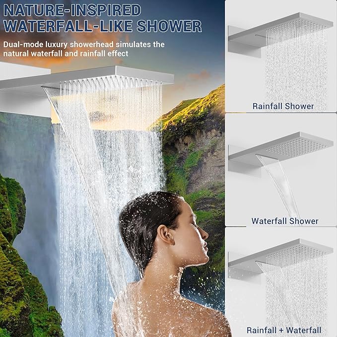 Luxury Thermostatic Rain & Waterfall Shower System with 22” Rain Shower Head & 6 Body Jets, Wall Mounted Shower Faucet Sets with Handheld Sprayer, 3/4” Inlet Thermostatic Valve