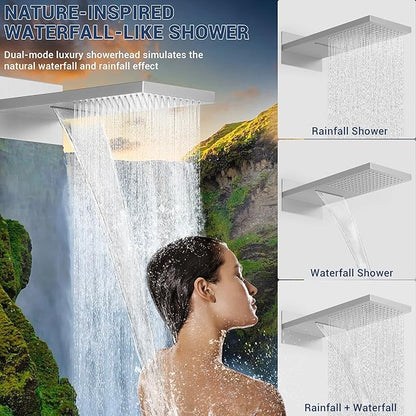 Luxury Thermostatic Rain & Waterfall Shower System with 22” Rain Shower Head & 6 Body Jets, Wall Mounted Shower Faucet Sets with Handheld Sprayer, 3/4” Inlet Thermostatic Valve