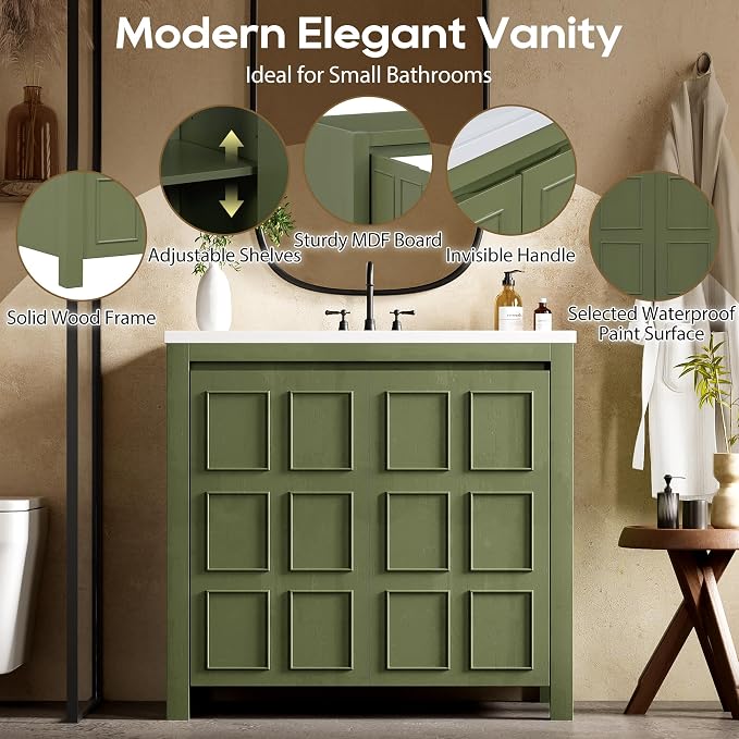 SOFTSEA 36" Bathroom Vanity with Sink Combo, Single Sink Bathroom Vanity with Soft-Close Doors, Solid Wood Frame Bathroom Cabinet, Ceramic Basin, Easy Assembly, Green