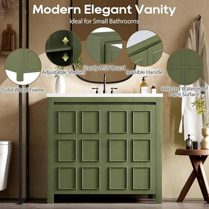 SOFTSEA 36" Bathroom Vanity with Sink Combo, Single Sink Bathroom Vanity with Soft-Close Doors, Solid Wood Frame Bathroom Cabinet, Ceramic Basin, Easy Assembly, Green