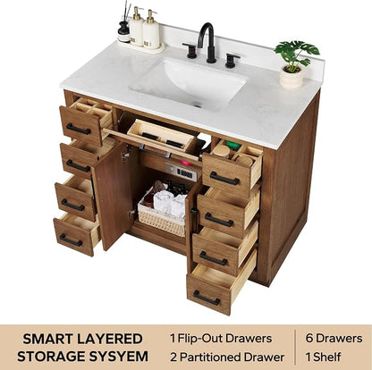 42-inch Dark Walnut Bathroom Vanity with Sink, Solid Wood, 0.79-inch Stone Countertop and Backsplash, 9 Drawers, 2 Soft Closing Doors