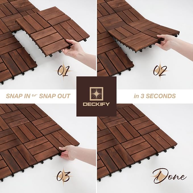 Acacia Wood Interlocking Deck Tiles Outdoor Flooring for Patio, Balcony | Raised Drainage Base, 12x12 In, Trimmable, Oil-Rubbed Finish, No Tools or Sealant Required, Weather-Resistant, Washable