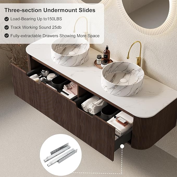 60" Floating Bathroom Vanity with Sink, Wall-Mount Cabinet 2 Large Storage Drawer, 2 White Ceramic Basins with Stone Pattern and Marble Top, Soft-Close Design, Dark Walnut