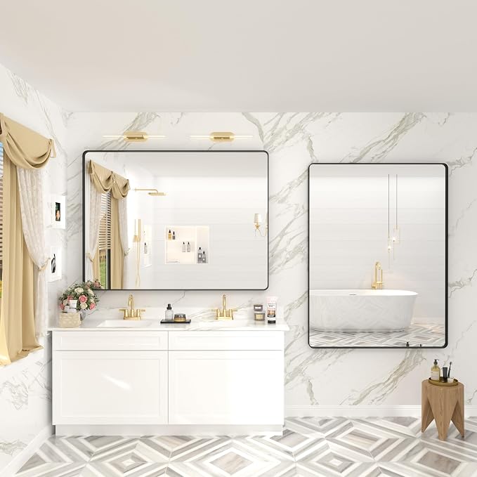 48x36 Inch Matte Black Bathroom Mirror for Wall | Metal Framed, Modern Rectangle Bathroom Vanity Mirror, Rounded Corner, Anti-rust, Shatter-Proof (Horizontal/ Vertical)