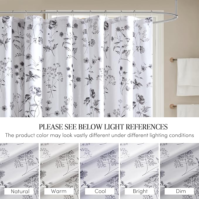 Martha Stewart Cotton Floral Extra Long Shower Curtain, 72 x 72, Black | Martha's Garden Series, Botanical Floral Print, Spa Quality Modern, Machine Washable, Modern Bathroom Curtains