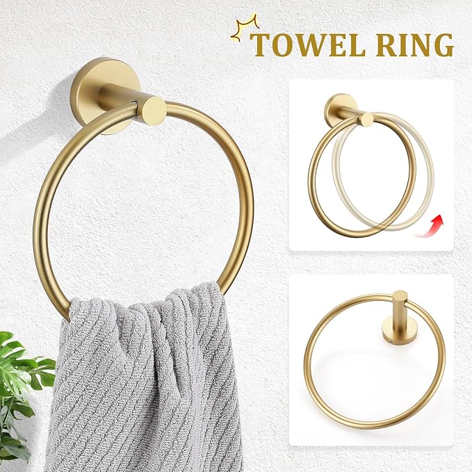 TURS Towel Ring Toilet Paper Holder Towel Hook 4-Pieces Brushed Gold SUS304 Stainless Steel Bathroom Accessories Kit Wall Mounted