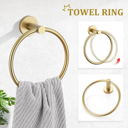 TURS Towel Ring Toilet Paper Holder Towel Hook 4-Pieces Brushed Gold SUS304 Stainless Steel Bathroom Accessories Kit Wall Mounted
