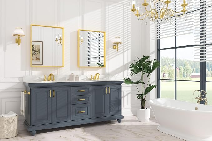 Keonjinn 24x30 Inch Gold Bathroom Mirror for Over Sink, Vanity Mirror | HD Tempered Glass, Rectangular, Brushed Framed, Square Corner, Modern Farmhouse, Wall Mounted Mirrors, Aluminum Alloy